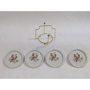 NIB Vintage Coaster Set Bullfinch Porcelain wild birds‎ Set Of 4 with stand New